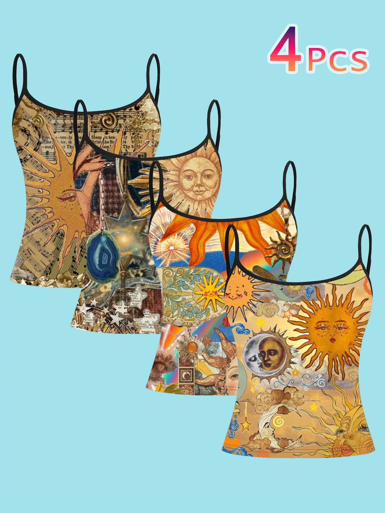 4-Piece Set of Vintage Sun and Moon Art Collage Print Camisoles for Women, Y2K Subculture Slim-Fit Short Spaghetti Strap Tops for Layering or Wearing Alone