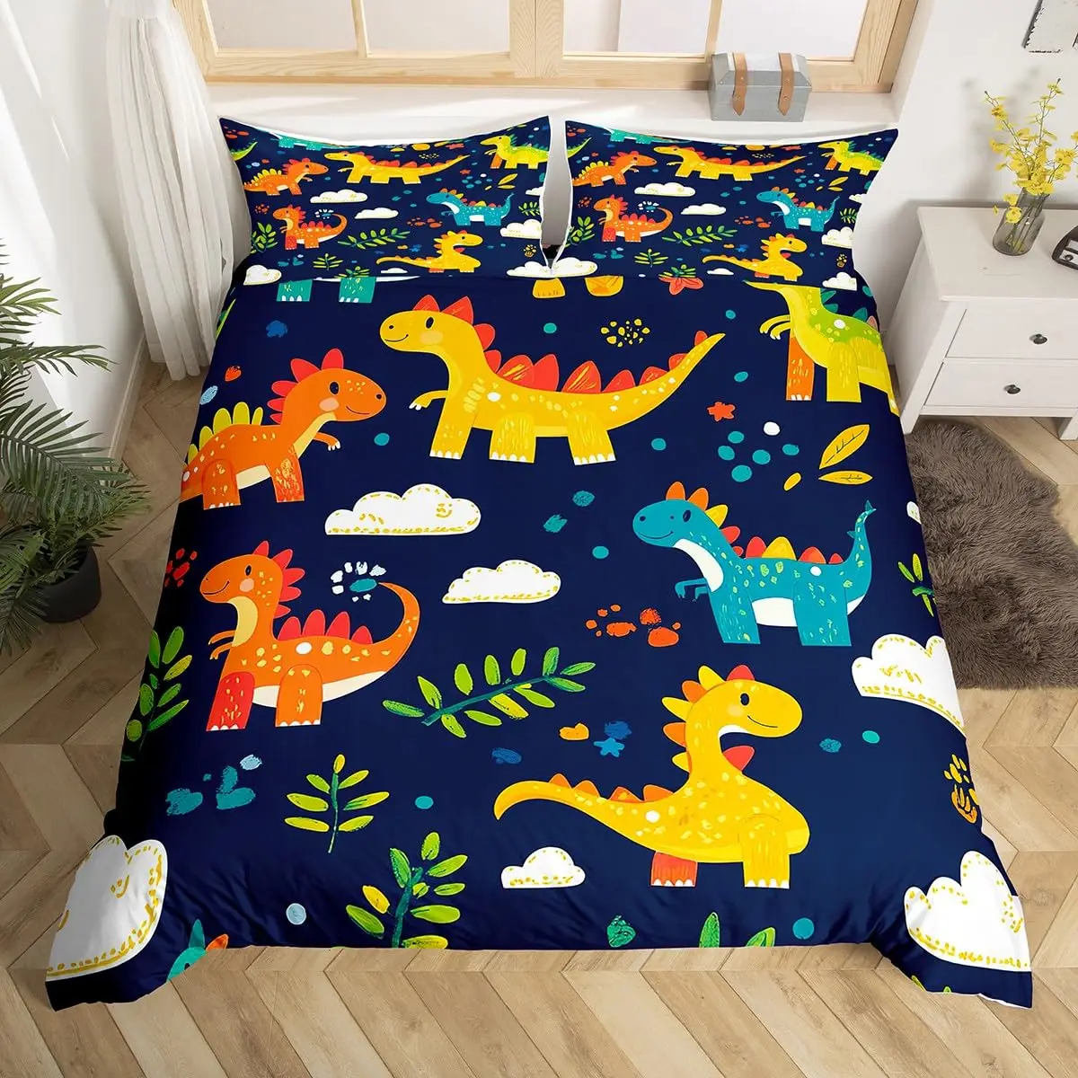 Cartoon Dinosaur Bedding Set Cute Dino Duvet Cover Set for Boys Teens Bedroom Decor Wildlife Jungle Animal Comforter Cover Set