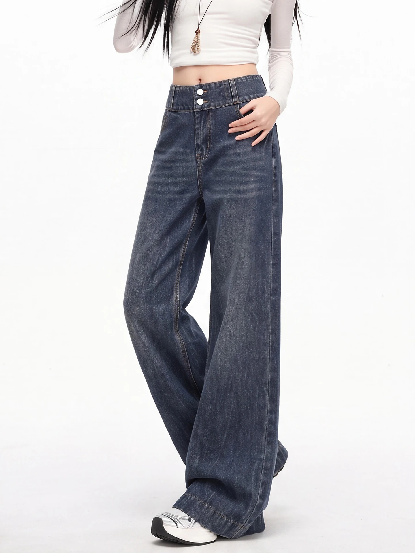 Retro American Deep Blue Wide Leg Jeans Women's High Waist Multi-Buckle Loose Slimming Floor-Length Casual Cotton Denim
