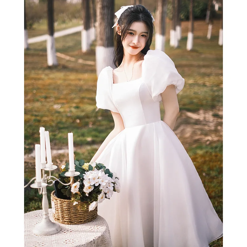 

Simple White Wedding Dress Long Princess Photos Shoot Dresses Customized Sweet Square Collar Puff Sleeves Backless Prom Gown