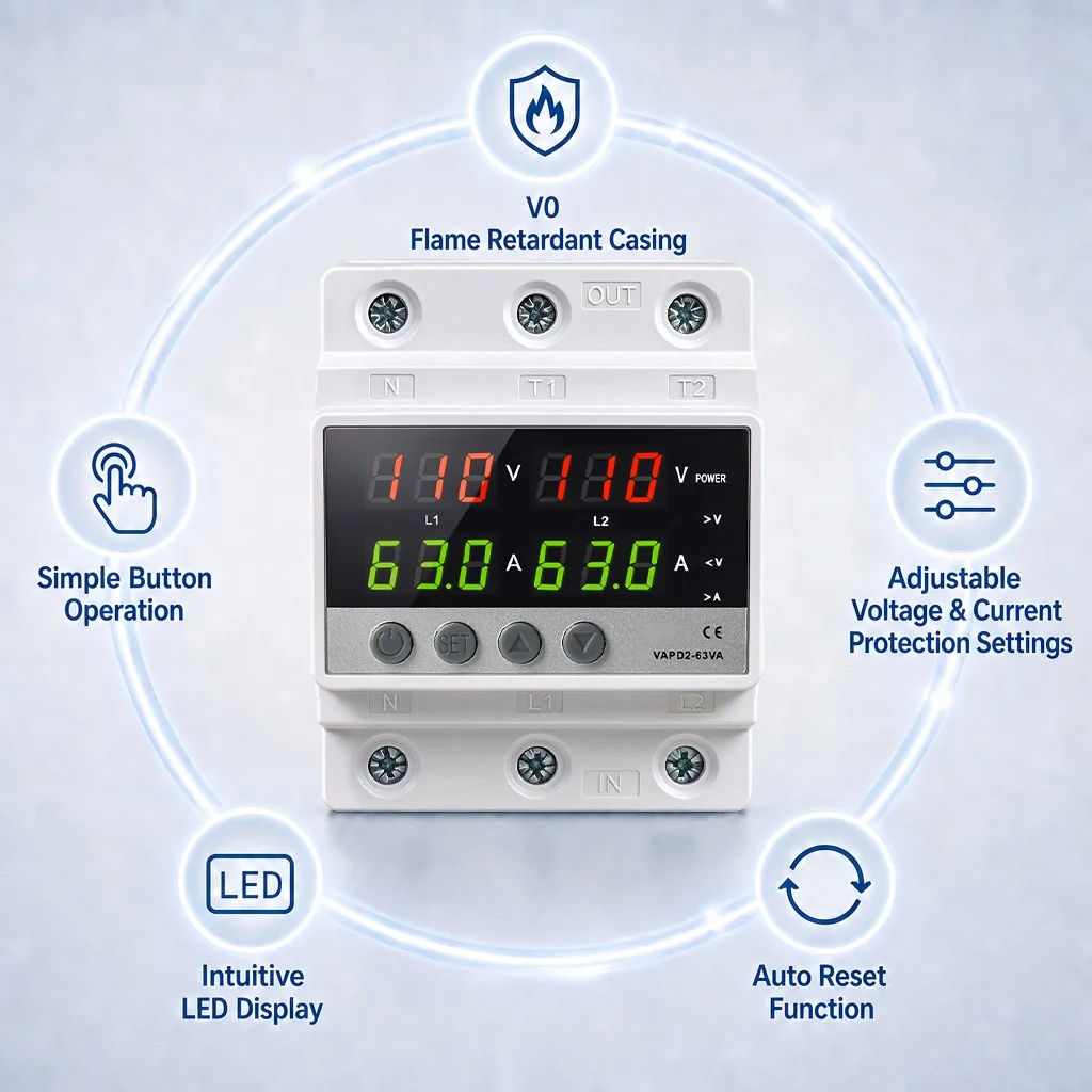 WZOODQVoltage Protector 110V+110V+N Over/Under Voltage Protective Device Overcurrent Protection Voltage Unbalance Phase Sequence