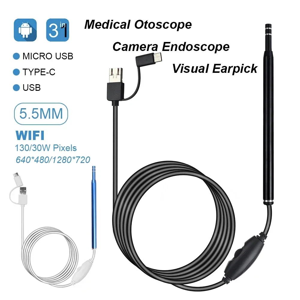 

3 In 1 Wifi 6 LED Ear Spoon Mini Camera Endoscope Medical Otoscope Oral Endoscope Home Use Visual Earpick 5.5mm 130W/30W Pixels