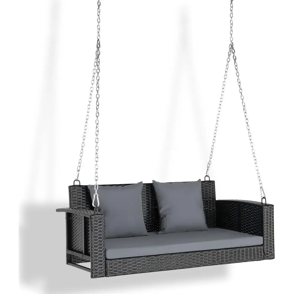 Outdoor Porch Swing, Wicker Patio Swing with Chains, Gray, 4 T