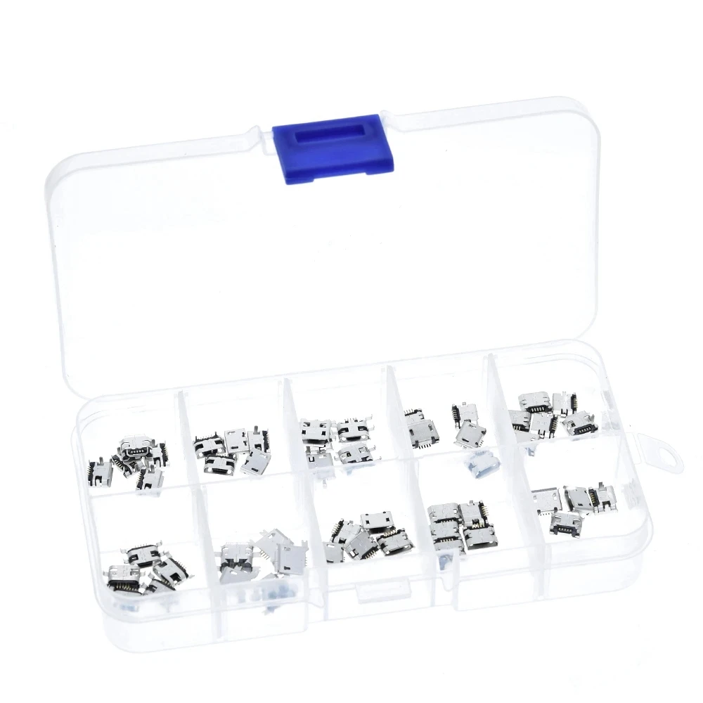 10 Arten je 5 Stück Micro-USB-Buchse 4/5PIN DIP Typ B SMT USB-Anschlüsse Jack Tail Sockect Plug Terminals für DIY-Reparatur MP3/4/5