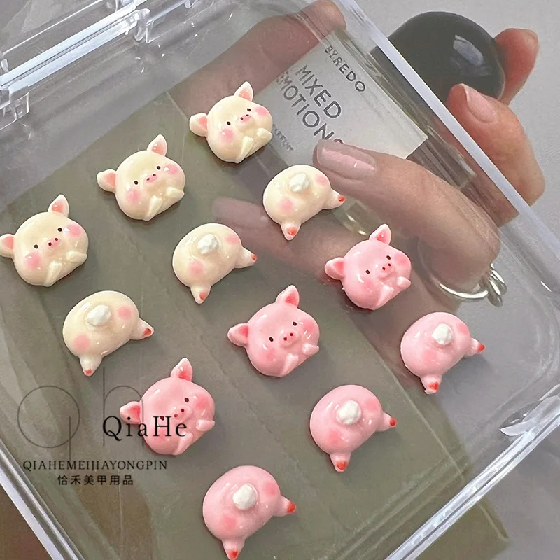 10pcs miniso white pink pig head cartoon nail charms for diy nail making kawaii cute resin nail art decoreation