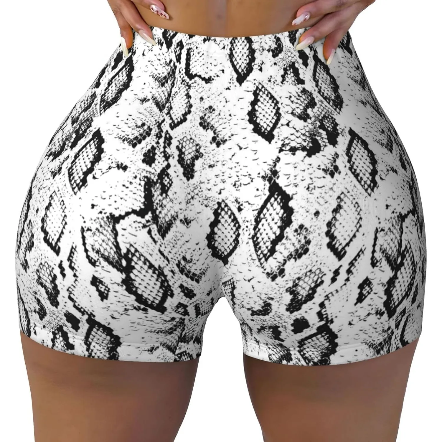 Snake Skin Black and White Print Women's Workout Shorts Elastic Athletic Gym Shorts Summer Seamless High Waisted Yoga