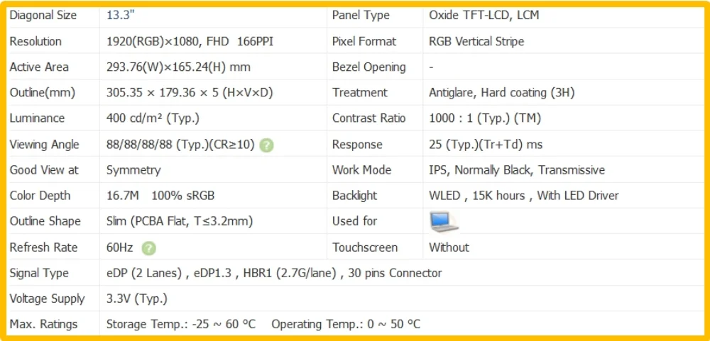 LQ133M1JW03 13.3 inch Laptop Display LCD Screen No-touch Slim IPS Panel FHD 1920x1080 EDP 30pins 60Hz