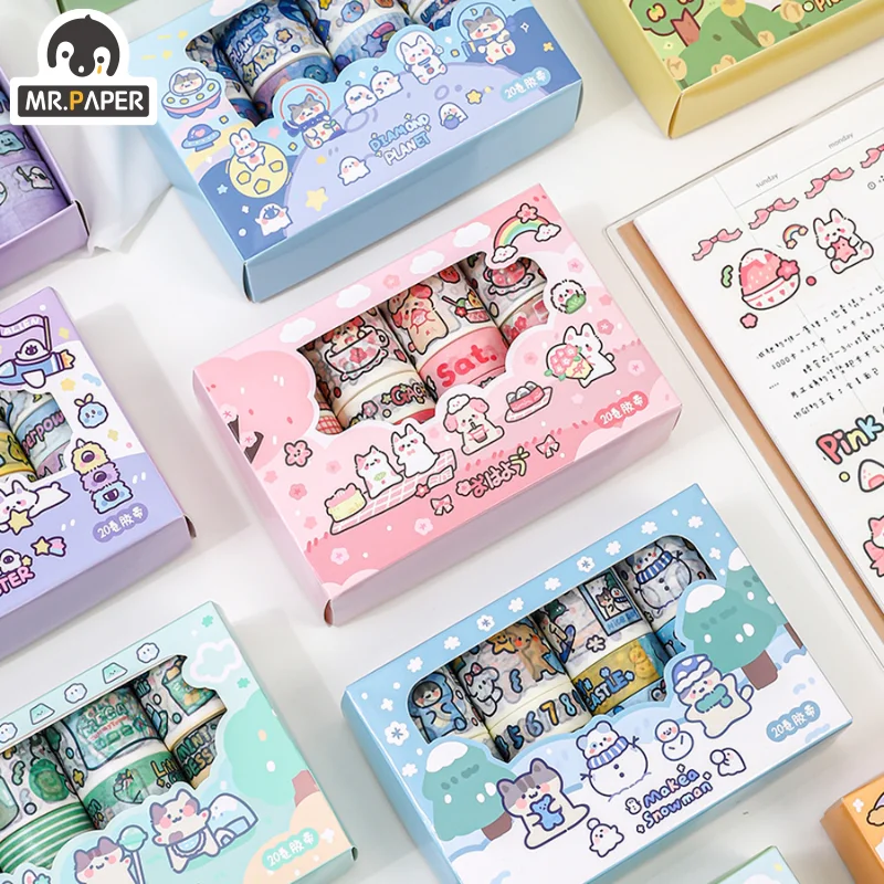 Mr. Paper 20Rolls/Box Kawaii Washi Tape Set Cartoon Animals Handbook Diy Material Cute Stickers Students Stationery