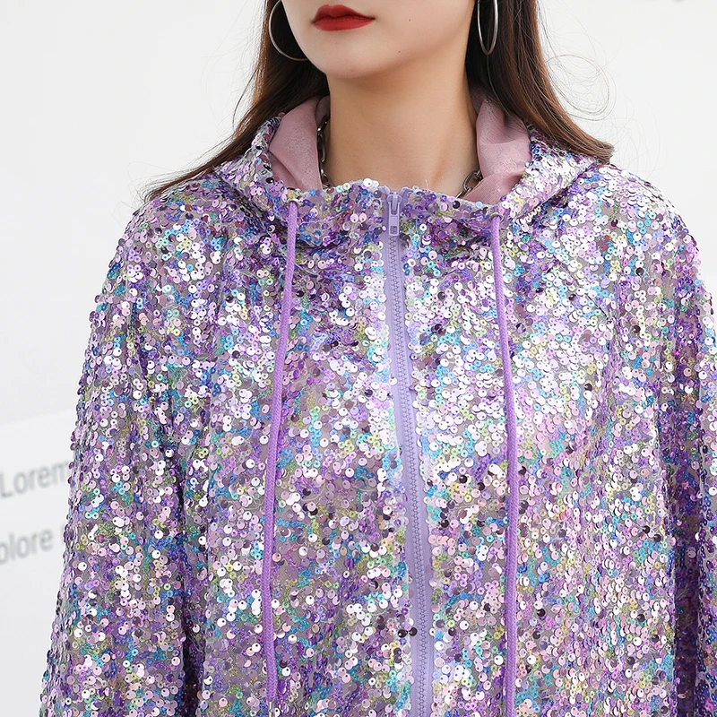 

Runway Spring And Summer Female Long Sleeve Hooded Collar Solid Color Zipper Jacket Street Clothing Loose Women's Outerwear Coat