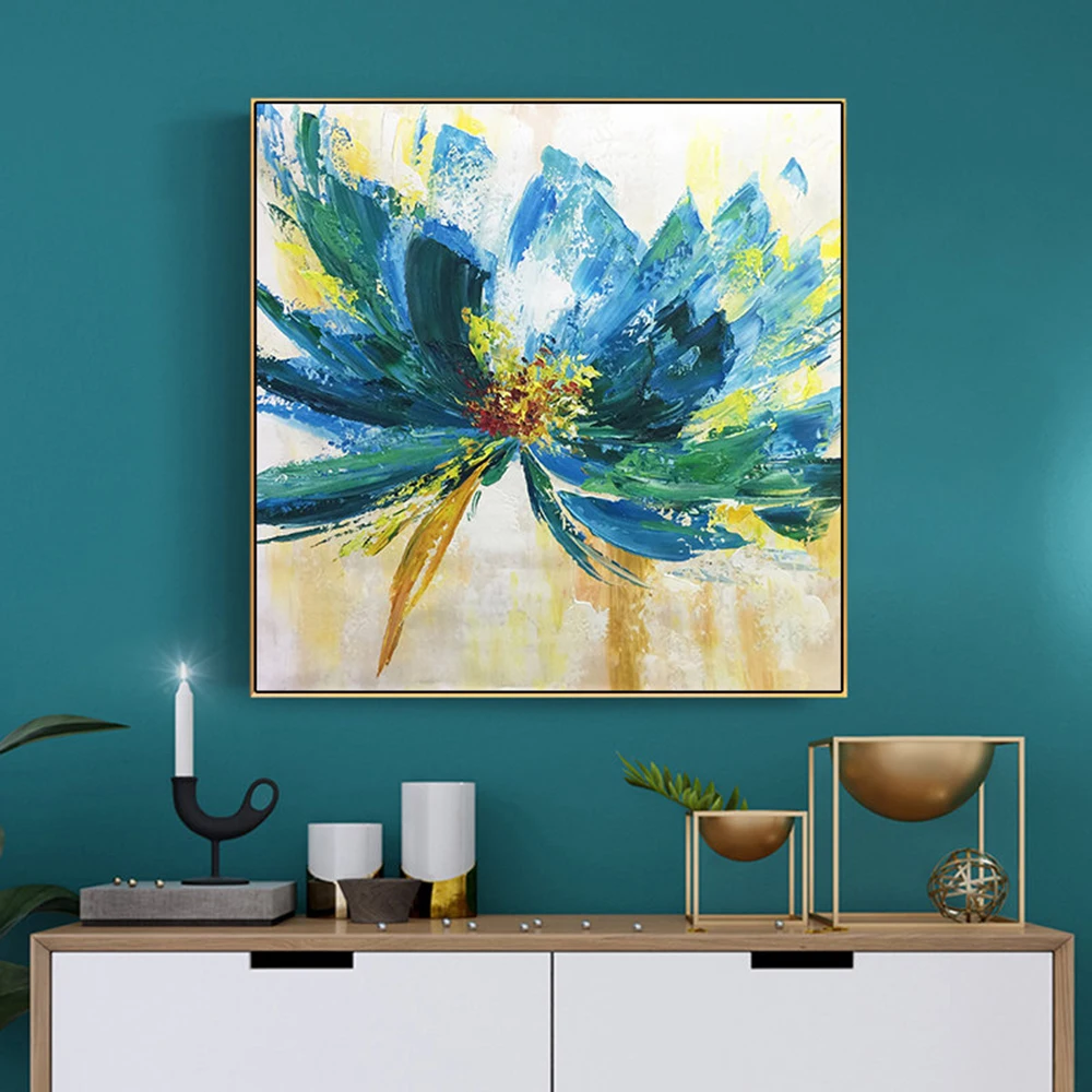 Handmade Oil Painting Modern Oversize Abstract Wall Art Colorful Large Brush Stroke Oil Painting on Canvas Artwork Blue Flower