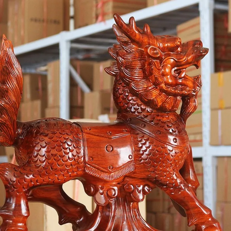 Mahogany large decoration treasure unicorn pair living room wood carving unicorn ornament solid wood hand-carved