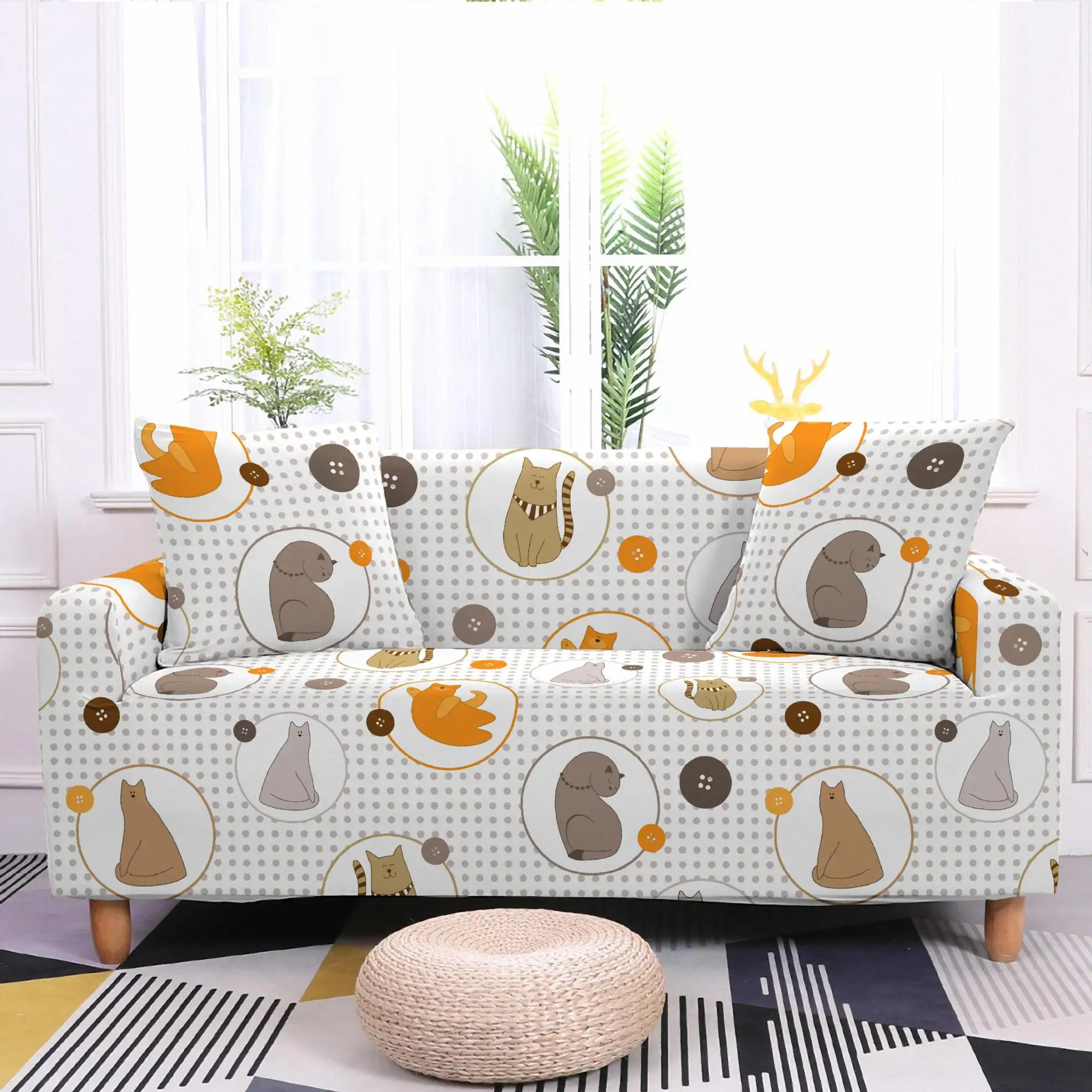 Cute Little Cat Cartoon Animal Sofa Cover All Inclusive Elastic Dustproof Wrinkle Resistant Multi-person Sofa Universal