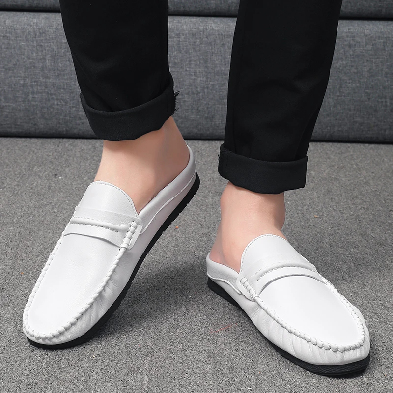 Summer Men's Half Slippers Leather Slip On Shoes Lightweight Male Flats Casual Mules Moccasins Breathable Open-back Loafers 2026