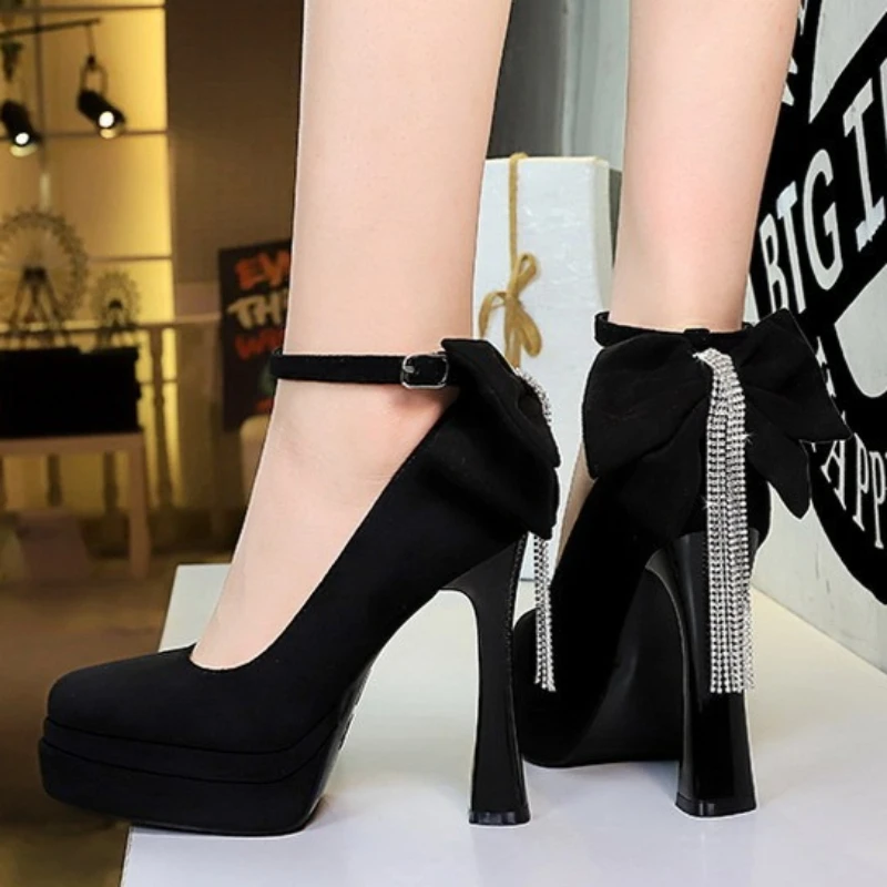 High Heels Women 2026 Summer New Fashion Suede Face Pointed Toe High Heel Sandals Bow One Word Buckle Thick Heel Women's Shoes view 6