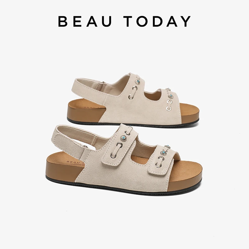

BEAUTODAY Casual Sandals Women Suede Leather Double Buckle Strap Summer Beach Ladies Low Heel Sport Shoes Handmade 34642