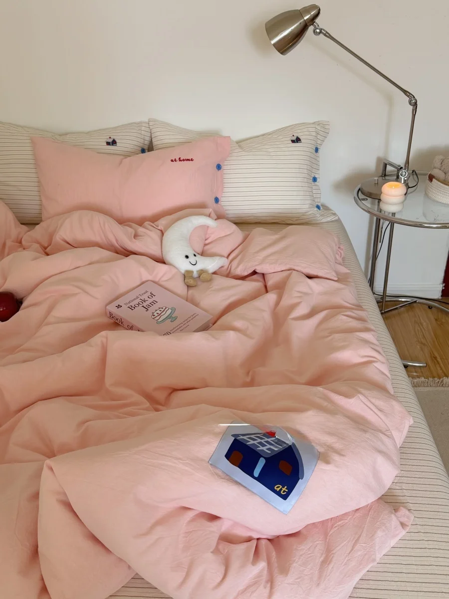 Ins Iuencer Soft Pink Cotton Waed Striped Bedding Set 4pcs Pure Cotton Stberry Milk Jelly Bedding Comforter Cover