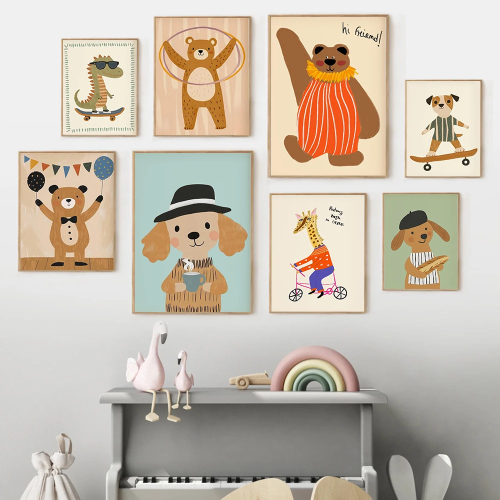 

Funny Animals Giraffe Dog Bear Dancing Posters Prints Colorful Wall Art Canvas Painting Nursery Pictures for Kids Room Decor
