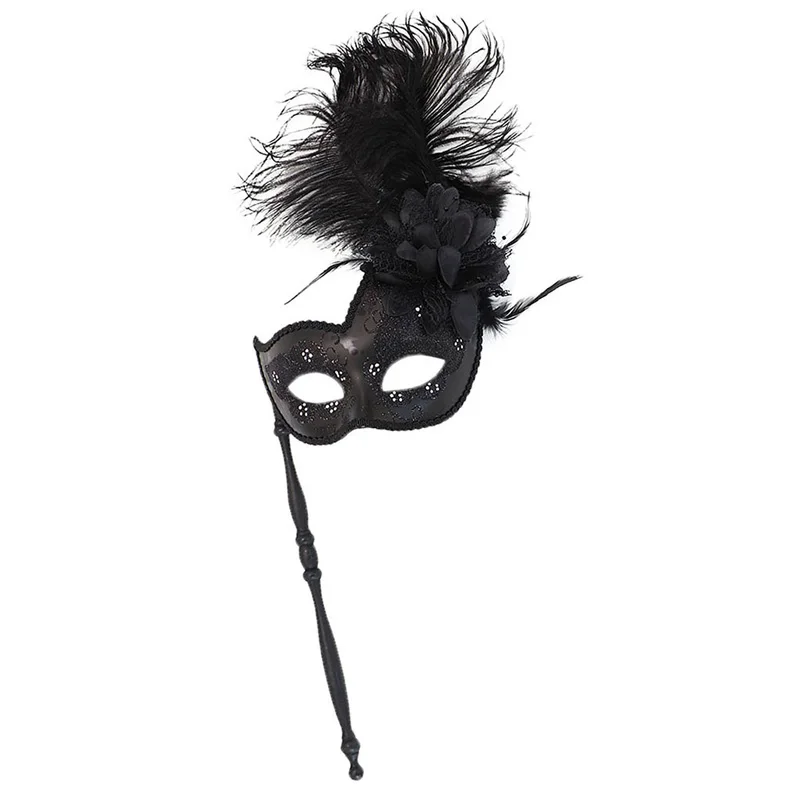 스틱으로 깃털 가장 무도회 마스크 반짝 이는 여성 남성 할로윈 카니발 마디 그라 부활절 코스프레 쇼 파티 핸드 헬드 하프 아이 마스크