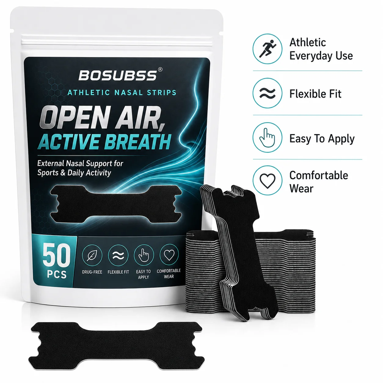 Performance Nose Strips for Breathing (50 Count) - Oil & Sweat Proof Adhesive - Athletic Nasal Strips for Snoring & Sleeping