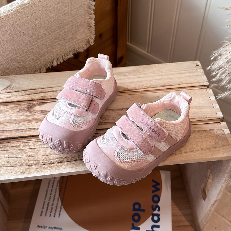 Toddler Girls Mesh Sneakers, Lace Decor Hook and Loop Closed Toe Shoes, Breathable Non-Slip Thick Sole Baby First Walking Shoes