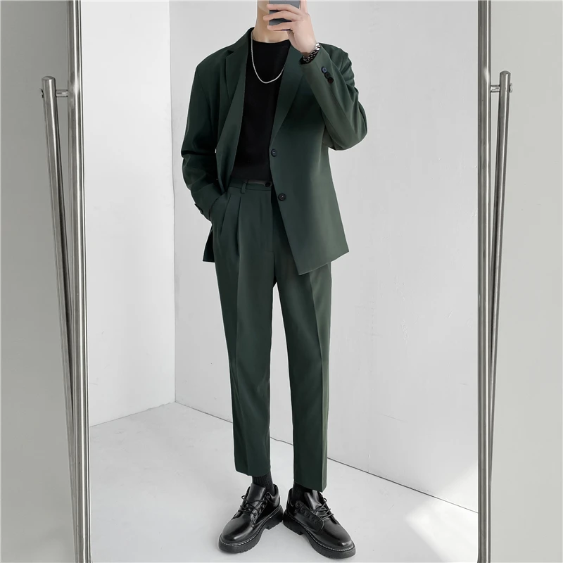 

(Blazers+Pants) 2024 Fashion Spring Nine Point Pants British Style Casual Coat Men Single-breasted Simple Loose Suits 2 Pcs Set