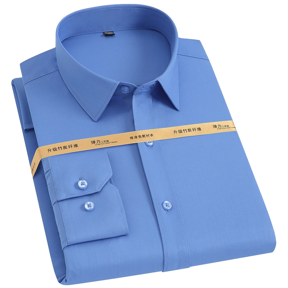 Men's Casual Sleek Stretch Long Sleeve Dress Shirts Without Pocket, Old Money Style Breathable Bamboo-fiber Menswear Clothing
