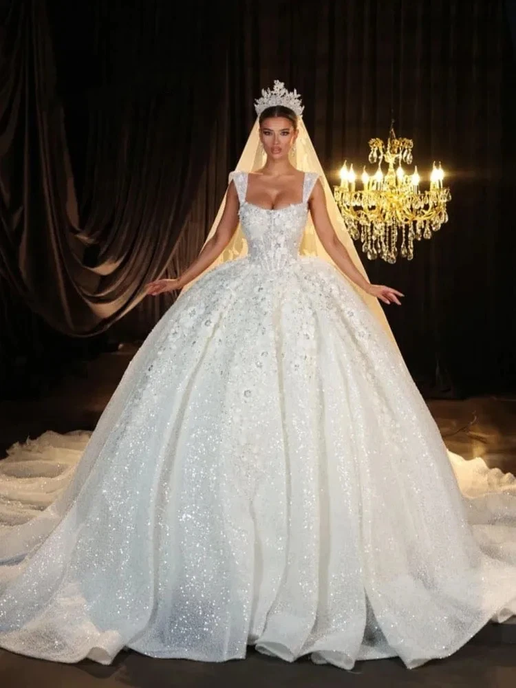 Luxurious Sparkling A-Line Lace Decal Puff Women's Wedding Dress Sexy Square Collar Ball Bridal Dress Vestido De NoviaCustomized