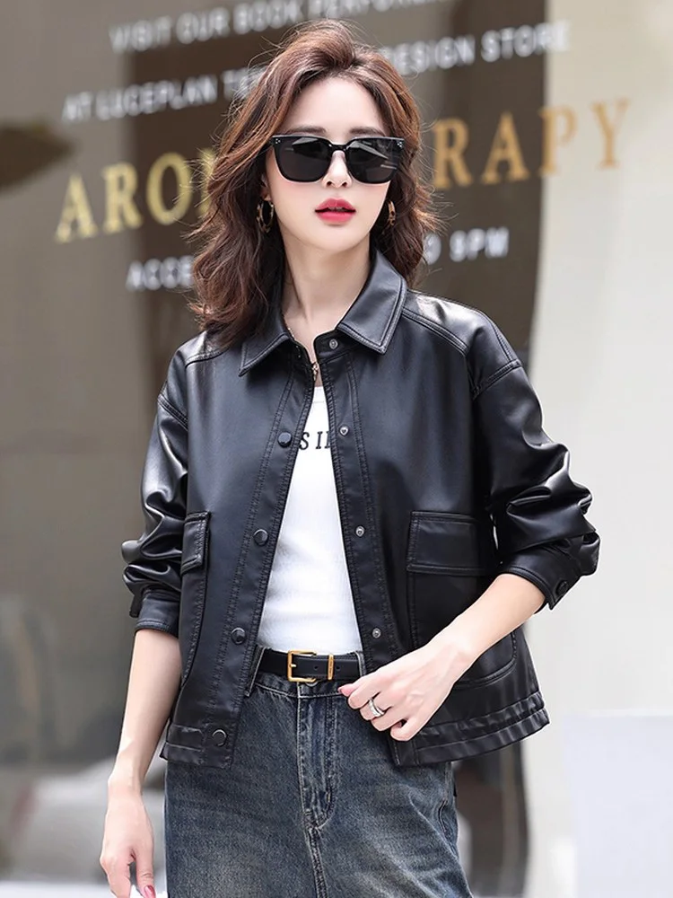 New Women Loose Split Leather Jacket Spring Autumn Fashion Single Breasted Drawstring Hem Casual Leather Coat Female Outerwear