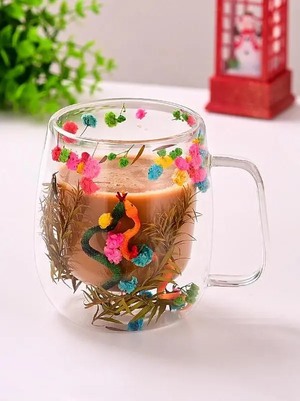 Double Layer High Borosilie Glass Cup with Real Dried Flowers Heat Insulation Snake Year Design Breakfast Milk Coffee Cup ...