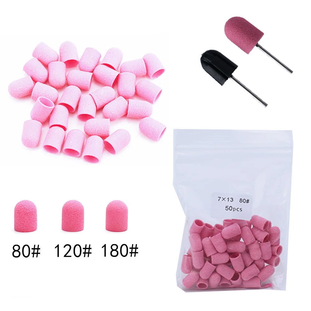 50 unidades de bandas de lijado rosas con mandril, brocas para taladro de uñas, fresas para limpiar cutículas, pulir, accesorios de pedicura y manicura
