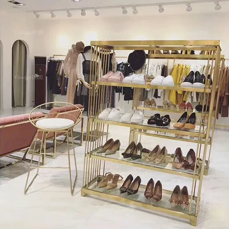 Department store showroom design shelves footwear display stand gold metal retail clothes display shoe rack