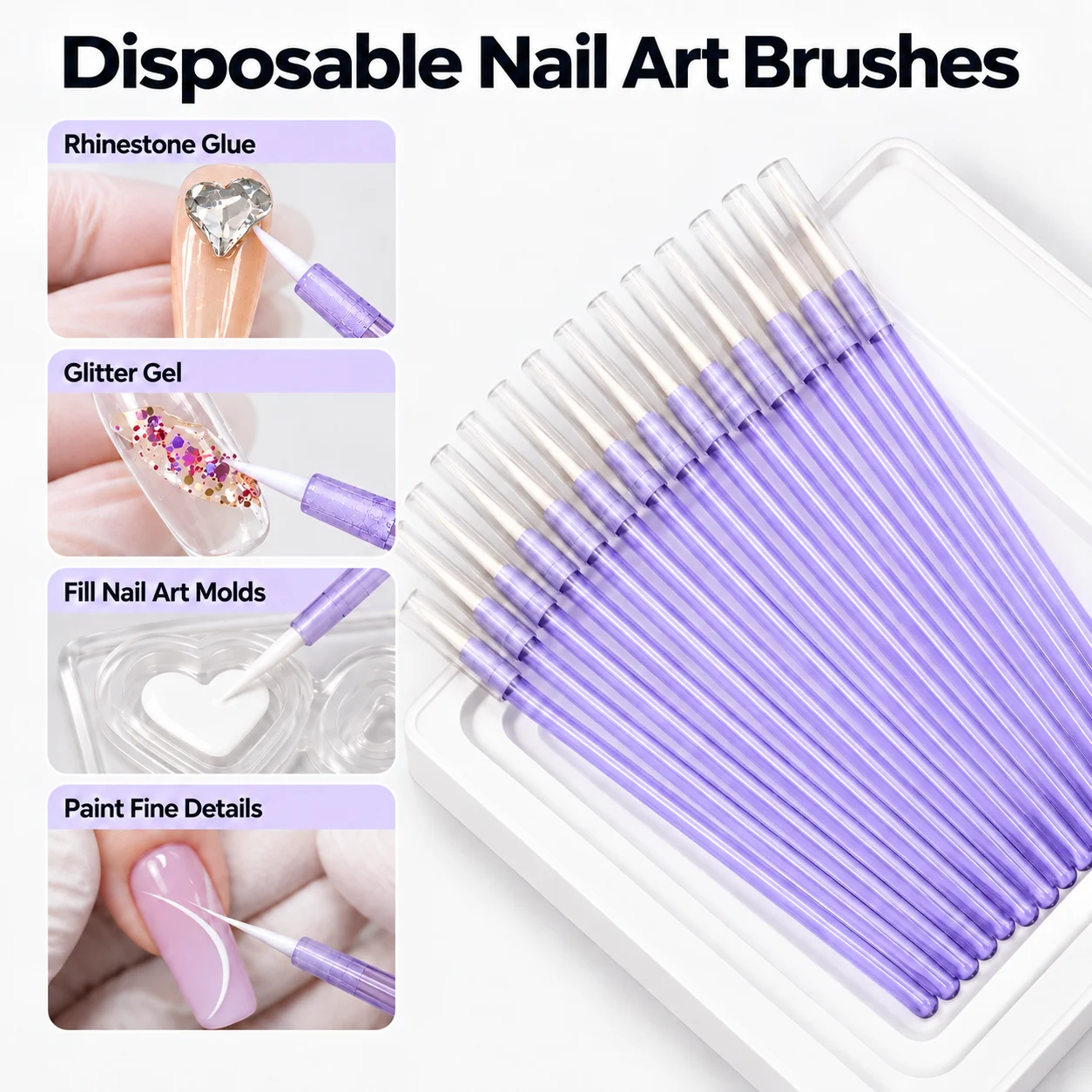100Pcs Disposable Nail Brushes with Clear Protective Caps Nail Art Brushes for Rhinestone Glue Application and Manicure Supplies