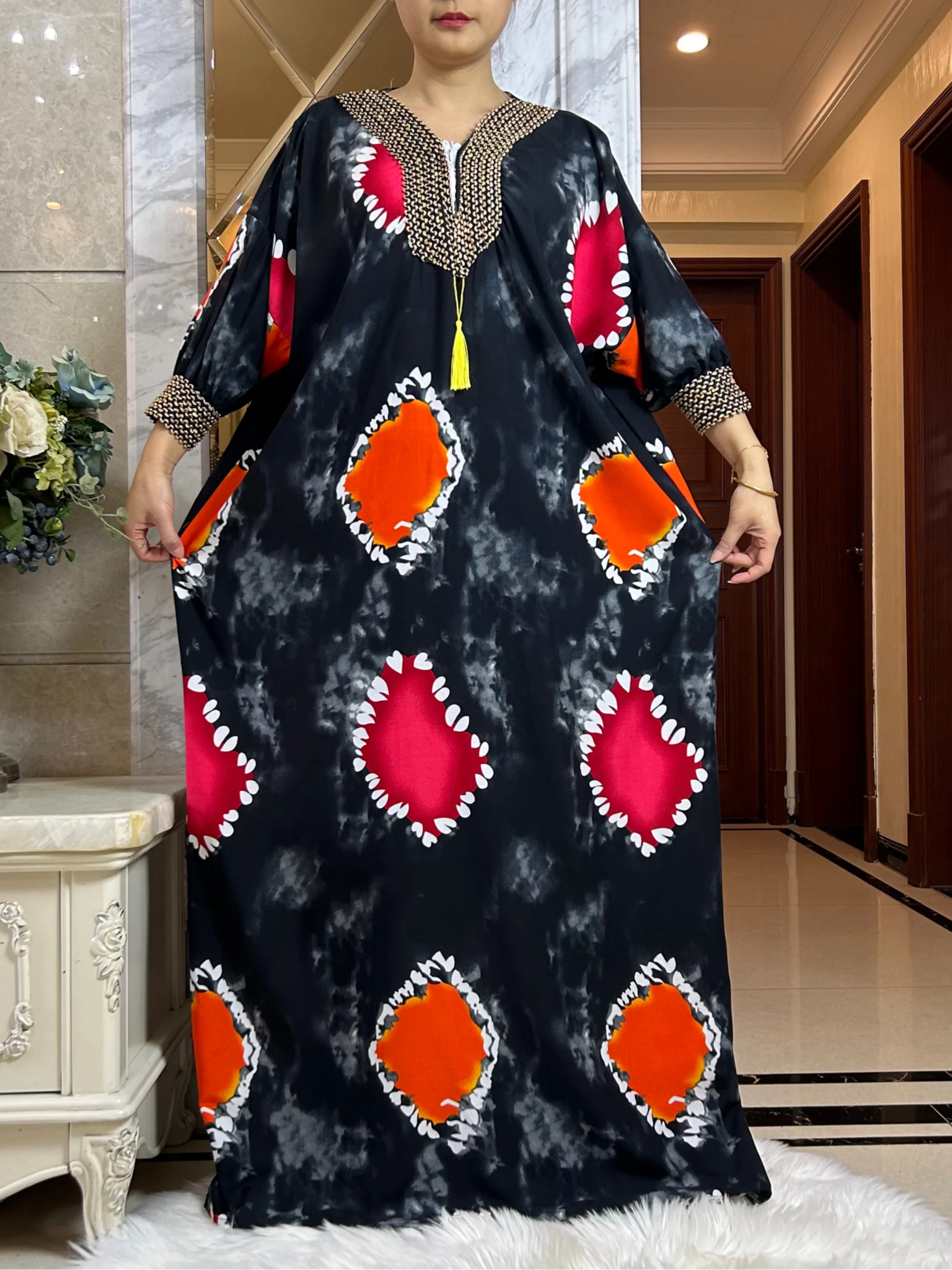 

2025 Muslim Abayas For Women ramadan Fashion Sets Cotton Floral Printed Boubou Loose Femme Robe With 210x150cm Oversize Scarf