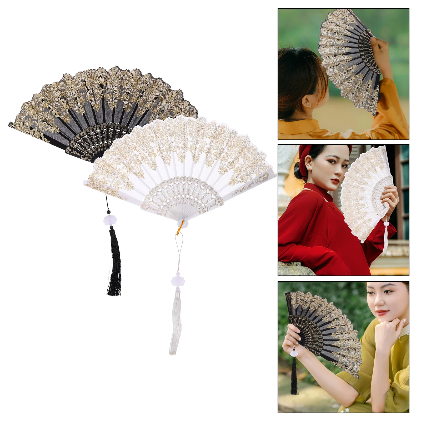 2pcs Hot Stamping Tassel Fans Embroidered Flower Foldable Handheld Portable Decorative Dancing Photography Props Wedding Party