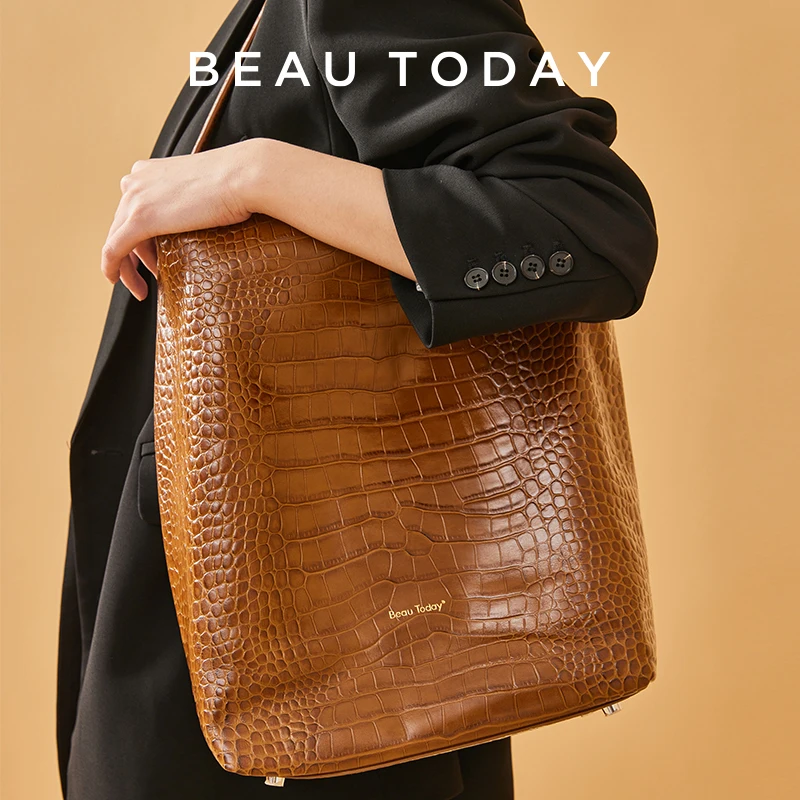 

BeauToday Bucket Bags Women Genuine Cow Leather Alligator Print Zipper Closure Hard Versatile Casual Tote Unisex Handmade 62044