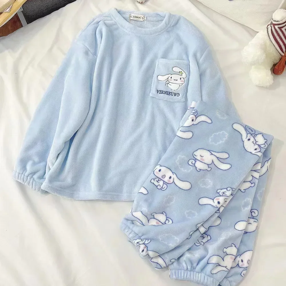 Sanrio Anime Cinnamoroll Pajamas Kawaii Kuromi My Melody Flannel Pullover Coral Velvet Winter Thick Loose Pajamas Girl Gifts