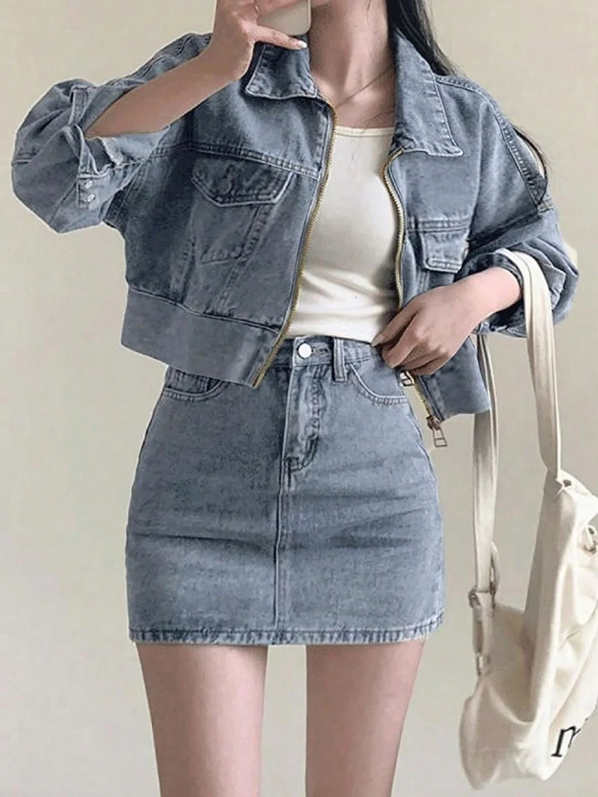 

Korean Sle ort Denim Jaet High Waist Skirt Two Piece Set Women's Faion Autumn Collection Cotton Long Sve ...