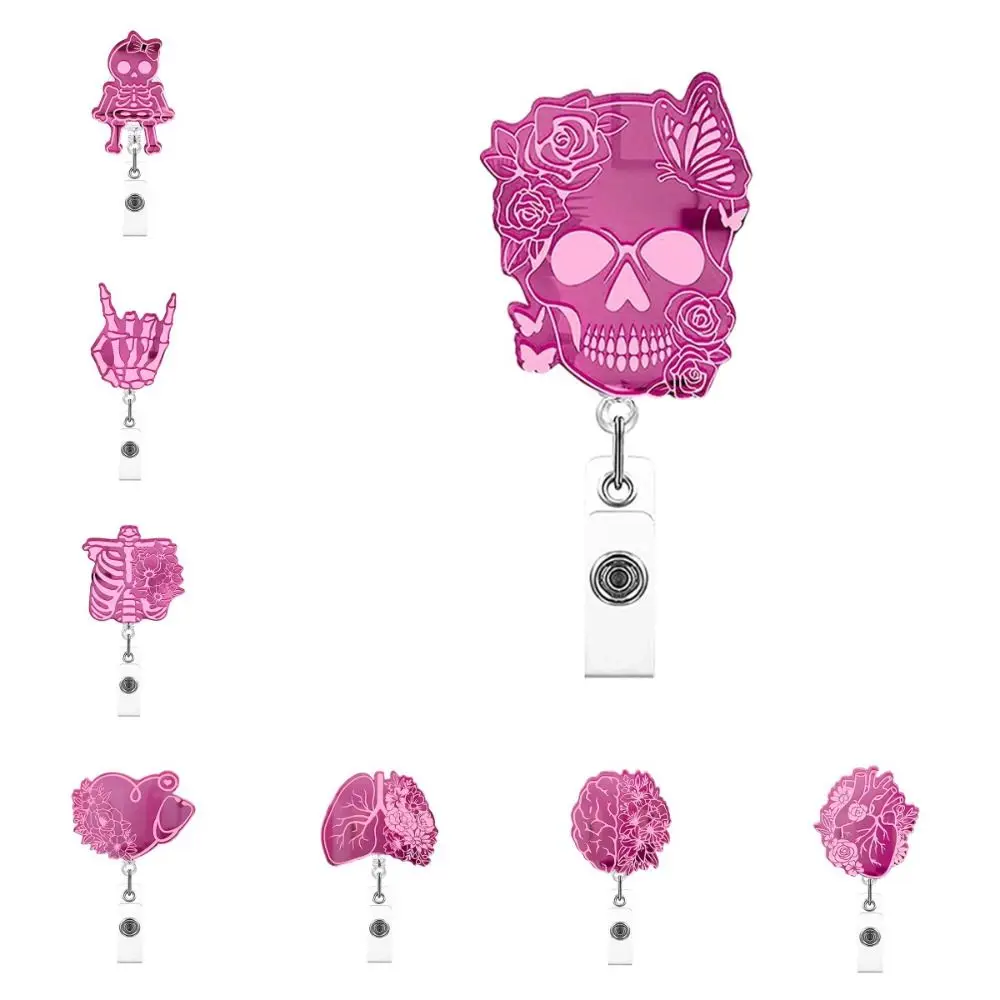 Skull Nurse Retractable Badge Reel Acrylic ID Card Clips Name Card Holder Pink 360 Rotating Alligator Clip Hospital Badge Holder