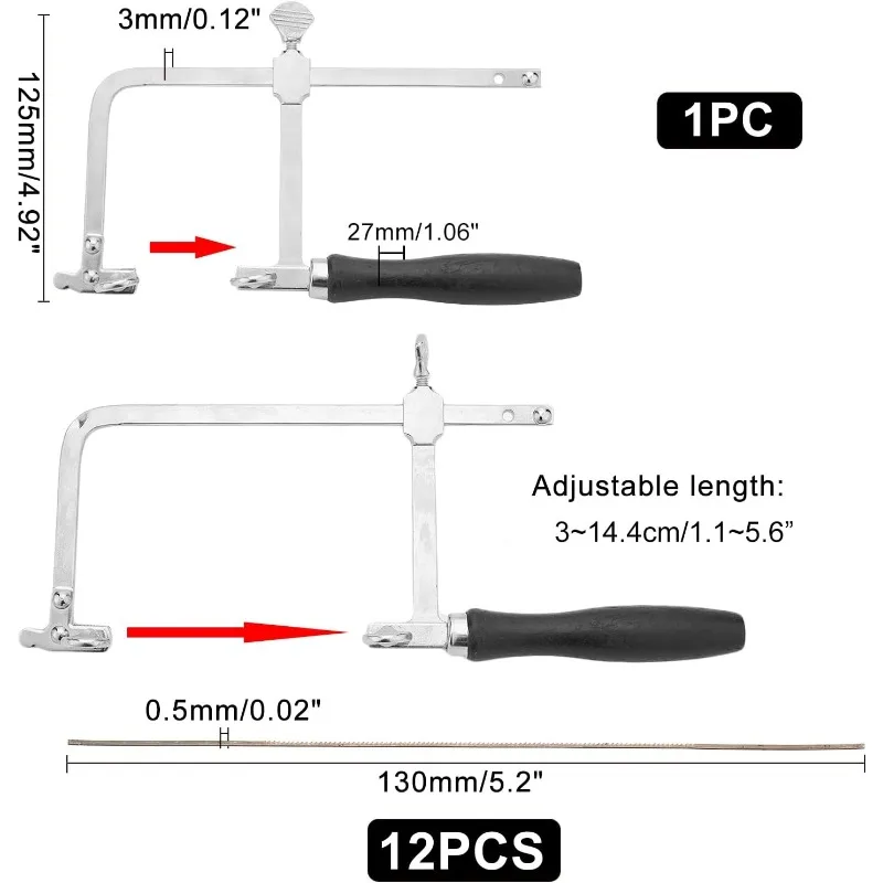 إطار منشار قطع قابل للتعديل على شكل حرف U مع مشبك ، منشار حلزوني ، منشار مجوهرات ، دبوس فتحة U ، 12 شفرة