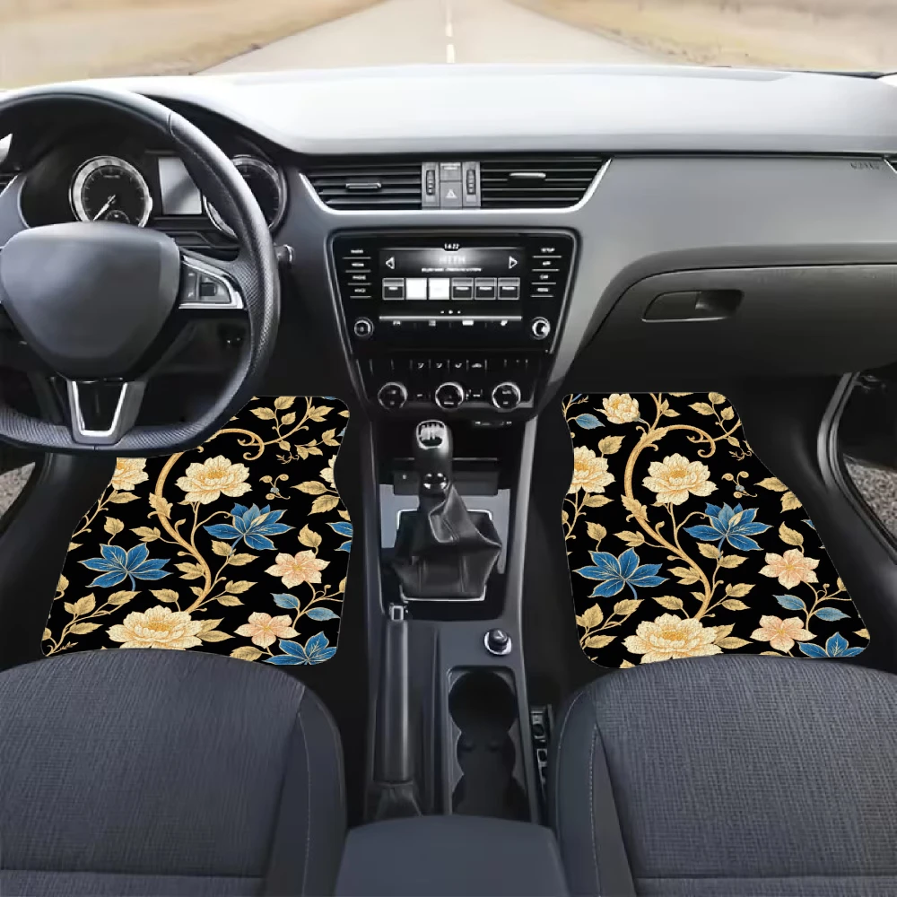 Floral Patterned Car Floor Mats With A Black Background, Made Of Crystal Velvet Material, A Four-Piece Set, Travel Additions, In