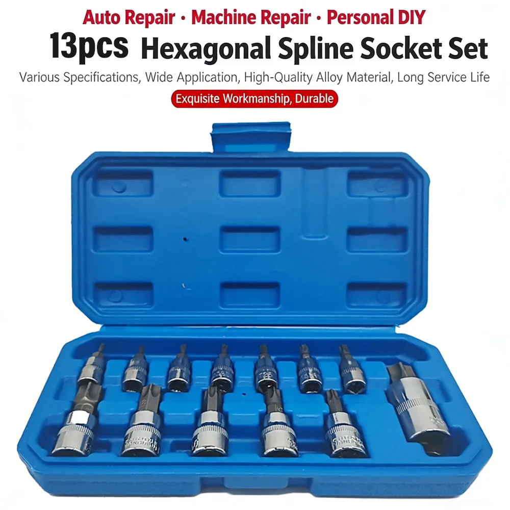 13pcs Torx Bit Socket Set Compatible with CRV S2 Steel Pieces for Automotive Mechanical Repair Garage Workshop Tools with Case