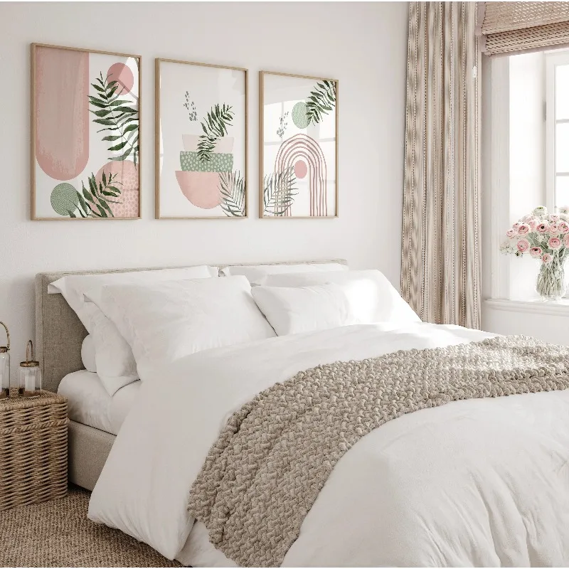 3pcs  frameless Pink Sage Green Abstract Wall Art Posters Bohemian Style Decorative Paintings Wall Art Multiple Suitable for Roo view 3