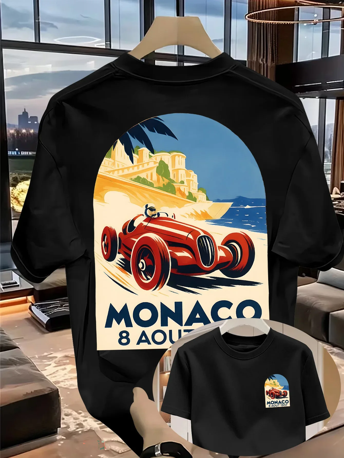 Men's Monaco Racing Car Graphic T Shirt Cotton Vintage Retro Automobile Coastal Scenery Print Oversized Streetwear Summer Tee