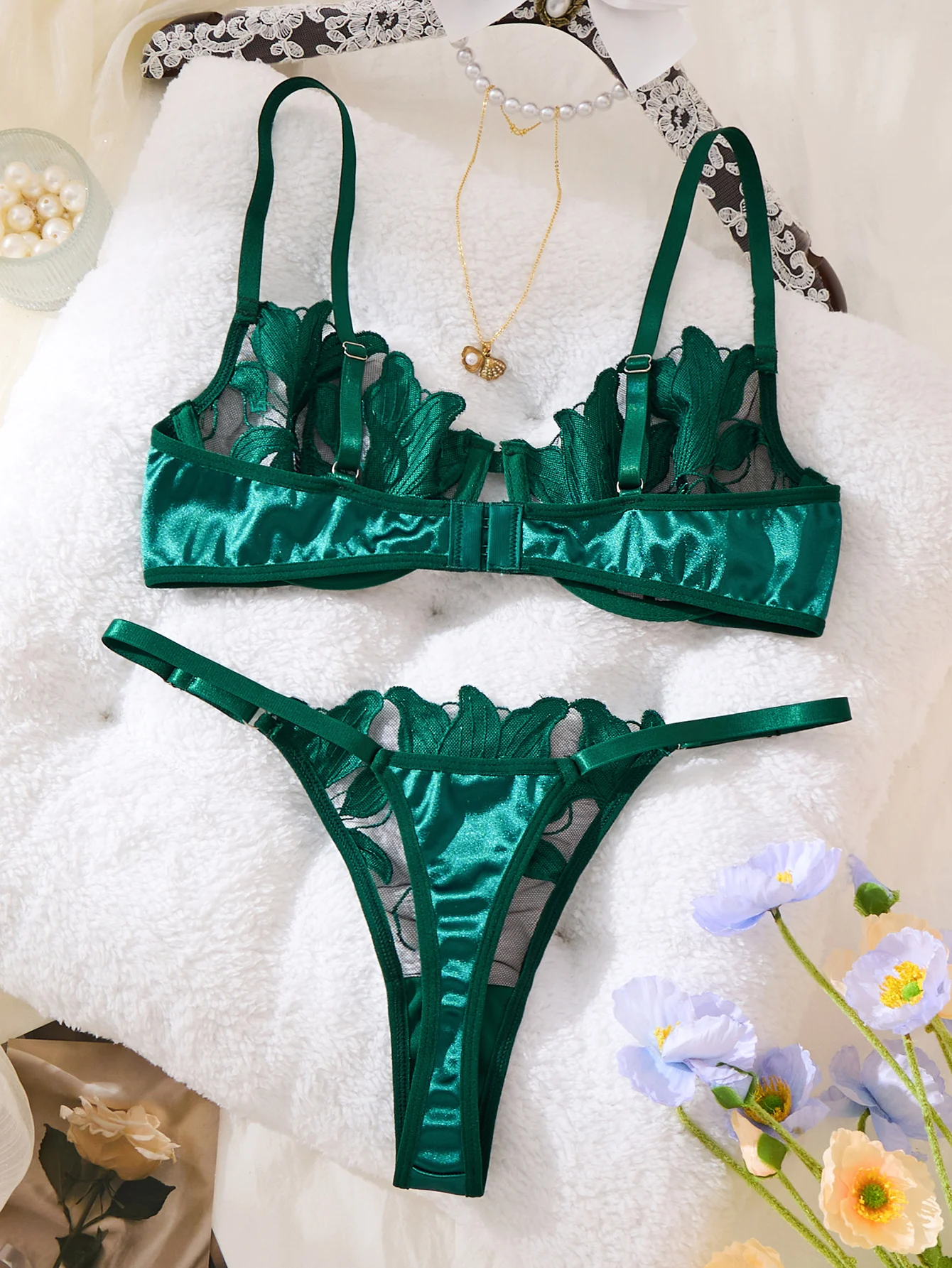 Exclusive Green embroidery Lingerie Set for Dates. Sexy See-Through Chiffon Bra. High-End Sensual Women's Underwear ZA824031 image 3