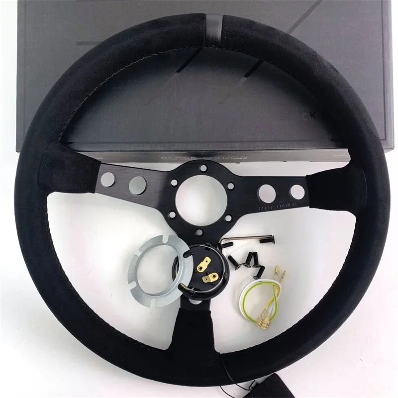 High Quality 14 Inch 350MM Suede Leather Deep Dish Drift Racing Steering Wheel Black Edition