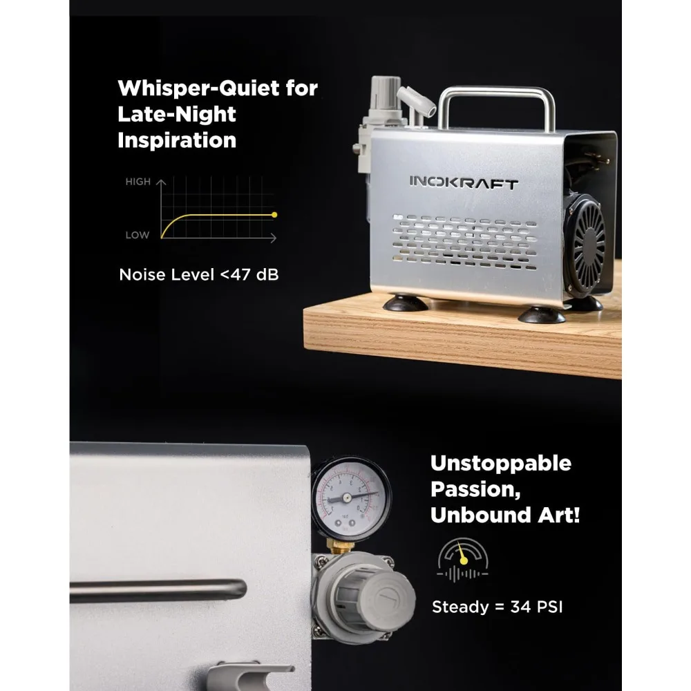 مجموعة البخاخة مع ضاغط الهواء - ضاغط هواء هادئ 1/6 حصان، بخاخة الجاذبية مع 3 أطراف 0.2، 0.3 و 0.5 مم - خرطوم #5