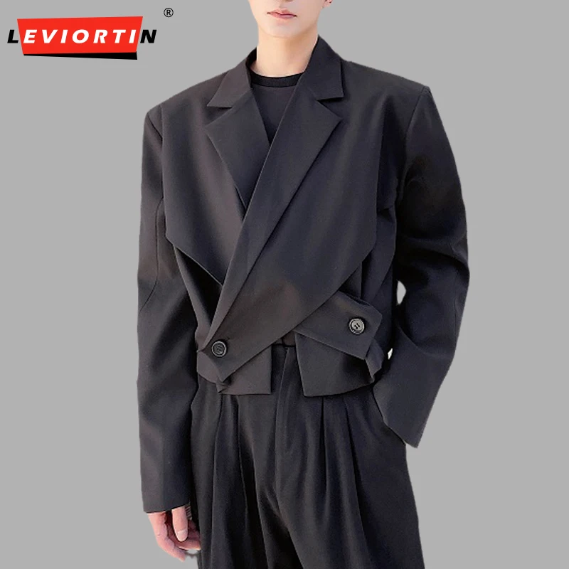 Men's Short Irregular Blazer Solid Color Long Sleeve Crossover Suit Collar Splice Coat Streetwear New Casual Men Clothing