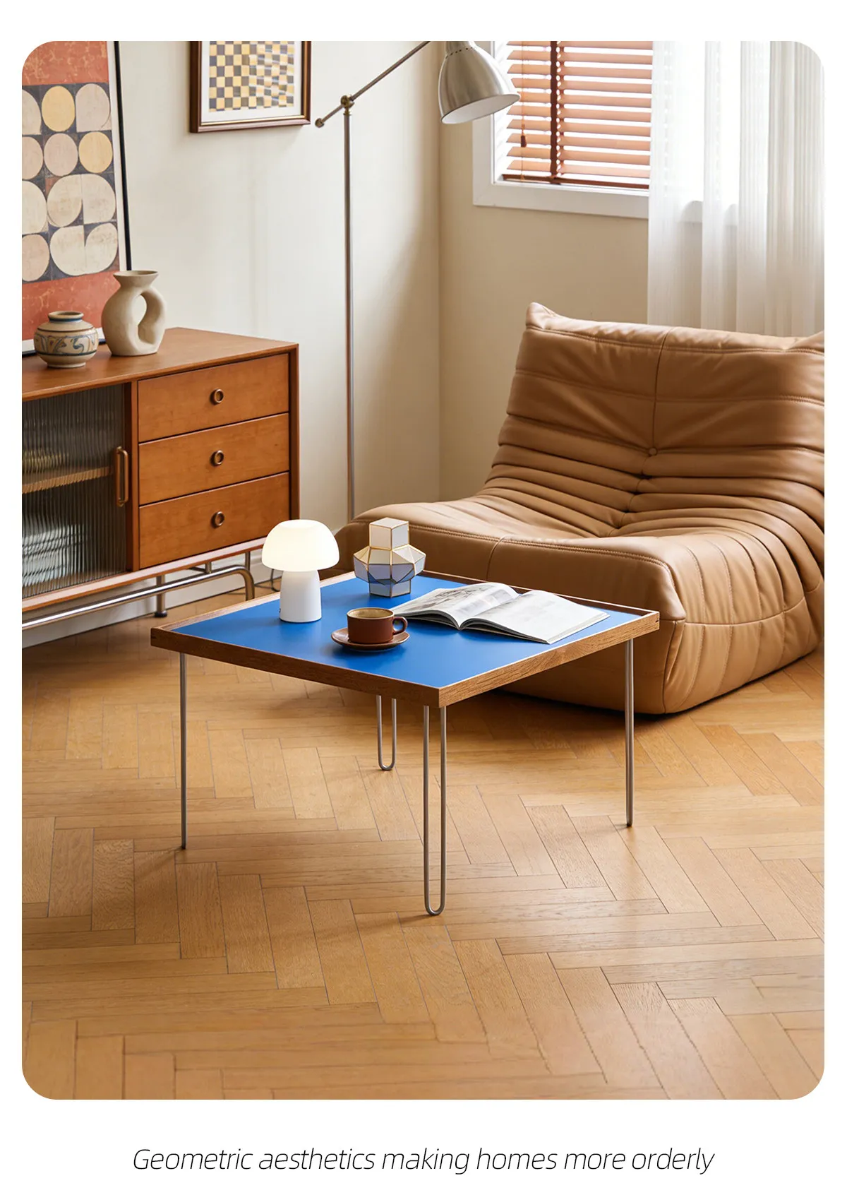 Mid‑Century Vintage Square Coffee Table, Colorful Designer Table with Stainless Steel & Tempered Glass for Small Apartment