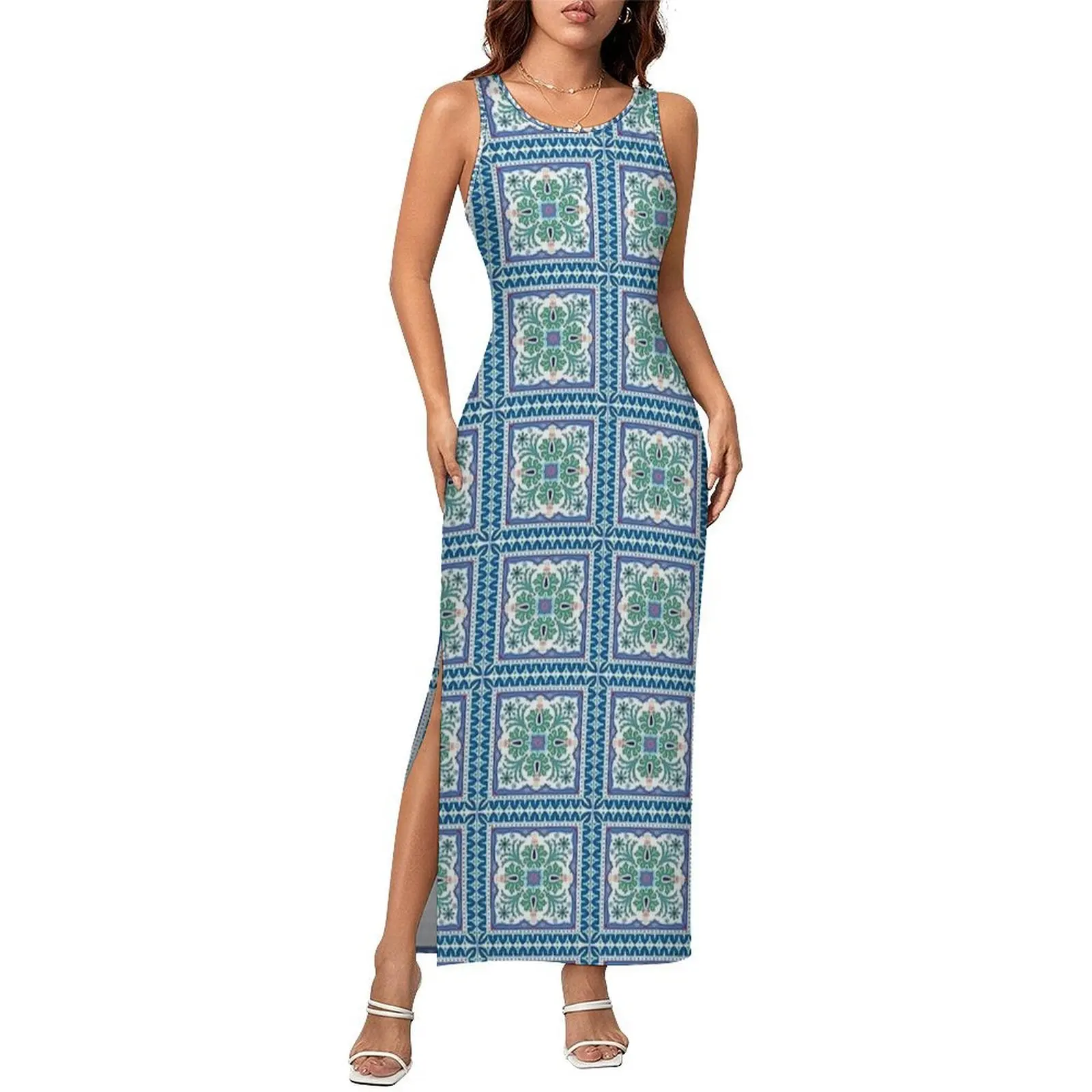 Teal Retro Majolica Grid Print Dress Sleeveless Street Style Maxi Dresses Casual Bodycon Dress Female Printed Big Size Clothing