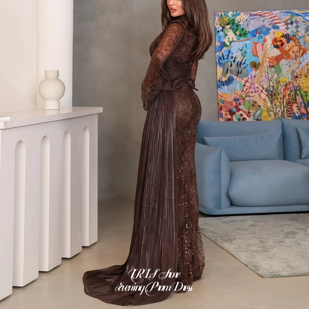 Elegant Mermaid Evening Dresses for Women Lace Evening Gown Beaded Corset High Neck Keyhole Bell Sleeve Lace-Up Back For Party